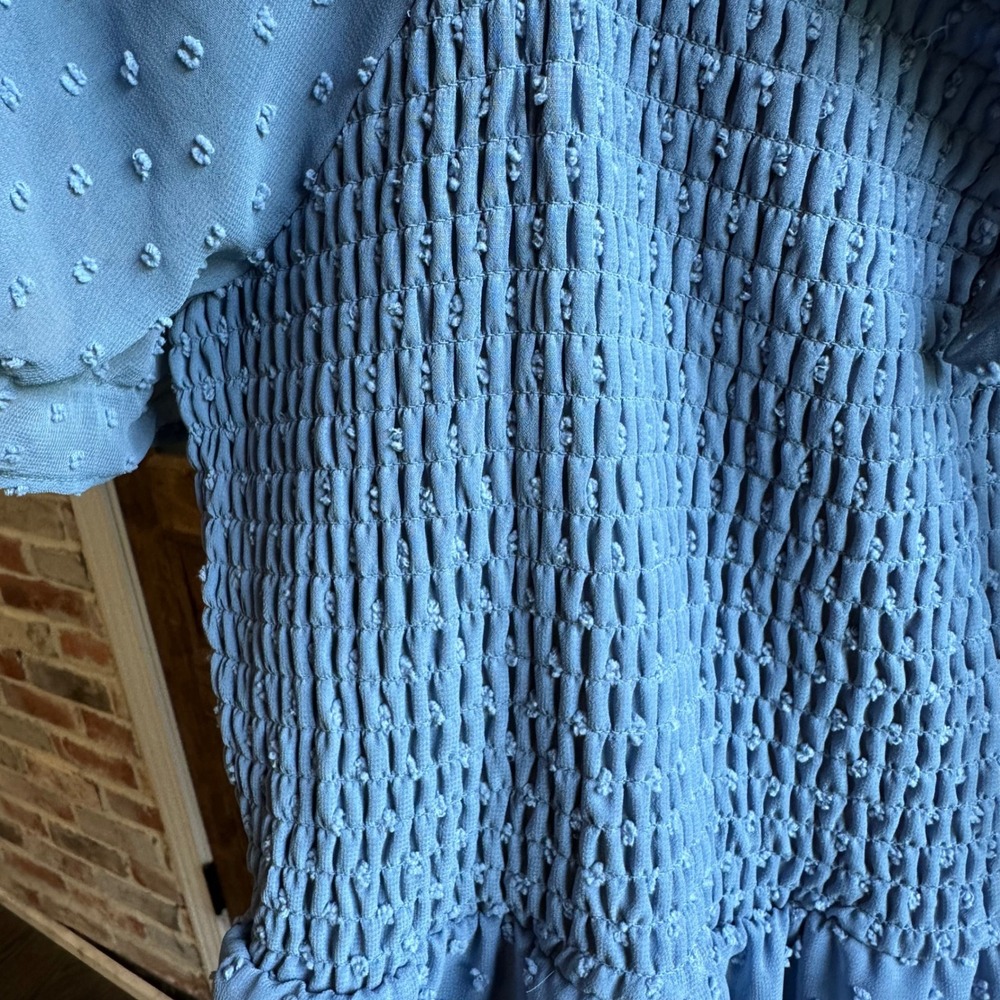 Lily Rose Dress Women 3X Blue Swiss Dot Smocked Puff Sleeve Ruffle Hem Mini Boho - Picture 6 of 10